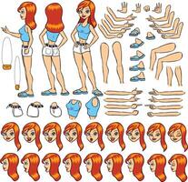 Young lady character constructor. Trendy girl creation set. Different woman postures, hairstyle, face, legs, hands, clothes, accessories collection. Vector cartoon illustration. Front, side, back view