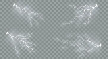 Set of lightnings Magic and bright lighting effects. set of zippers, thunderstorm and lightning, symbol of natural strength or magic, light and shine, abstract, electricity and explosion. vector