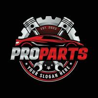 Auto parts vector logo template. Combination of automobile tools, wrench, pistons, and gear.