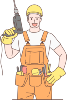 Illustration of handyman or builder character, standing and holding drill. Hand drawn style. png