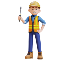 3D Construction Worker Character Holding Screwdriver in Confident Pose png