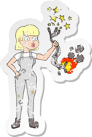 retro distressed sticker of a cartoon female electrician png