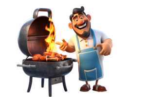 AI generated Middle-aged Male 3D Cartoon Character Cooking Barbecue Isolated on Transparent Background. png