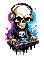 AI generated Skull DJ with headphones and turntable illustration on transparent background png