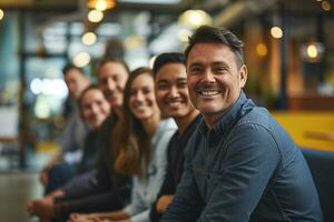 AI generated Group of business people having a meeting at creative office photo