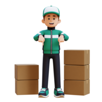 3D Delivery Man Character Pointing Downward with Parcel Box png