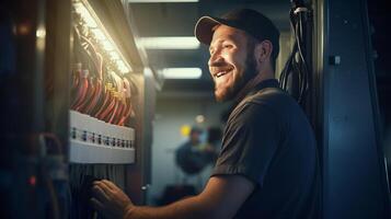 AI generated Smiling electrician, handsome and skilled, troubleshoots breaker panel photo