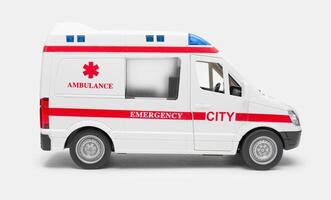 Toy ambulance on a white background. Healthcare concept photo