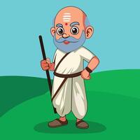 An indian old village men cartoon character standing alone with holding stick in hand vector