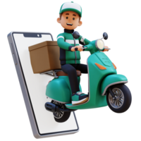 3D Delivery Man Character Deivering Package with a Scooter png