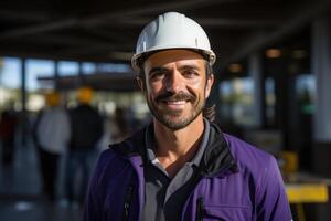 AI generated Smiling architect wearing hard hat stands confidently in front of construction site, construction and engineering image photo