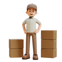 3D Delivery Man Character Standing with Hand on Hip with Parcel Box png