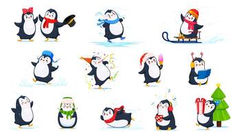 Cartoon cute penguin characters, winter activities vector