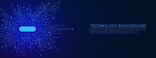 Futuristic circuit board technology. Artificial intelligence, machine learning and virtual digital stream with microchip on dark blue background. Vector illustration.