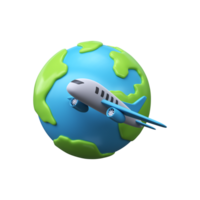 Airplane flies around planet Earth. 3D world travel icon png