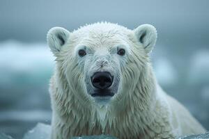 AI generated polar bear emerges from under the water among the ice photo