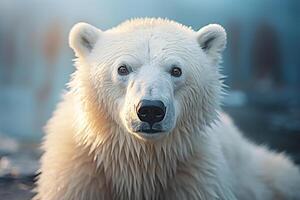 AI generated Close-up of polar bear, large furry predator looking at camera in north outdoors. Wild animal photo