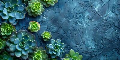 AI generated Succulent plants on blue textured background. Top view. photo