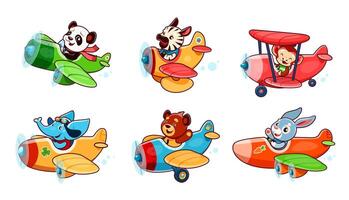 Cartoon cute baby animals characters on planes vector