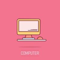 Personal computer in comic style. Desktop pc cartoon illustration on isolated background. Monitor display splash effect sign business concept. vector