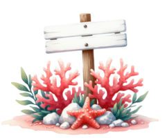 aigenerated coral and sea grasses with wooden signboard png