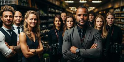 AI generated team of businessmen in the office in formal suits Generative AI photo