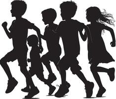 silhouettes of running children illustration, group of active kids playing clipart graphic, front view vector