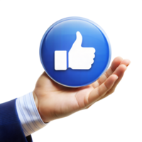 A hand holding a blue button with a white thumbs up symbol png