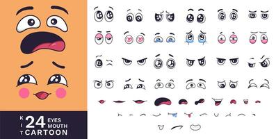 Cartoon faces kit. Funny characters eyes and mouths with various expressions. Love and fear, angry and laugh, smile and sad cartoon elements vector