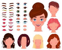 Cartoon girl face constructor, woman character avatar creator. Female face generator with eyes, brows, lips, noses illustration set. Girl face construction vector