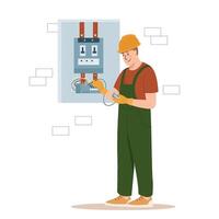 Home craftsman, repairman. Renovation worker in uniform, electrician doing apartment repair. Connecting power, electrical. cartoon flat concept vector