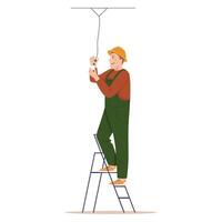 Electric is standing on the ladder screwing the lamp. illustration flat design. Connecting power. Man in uniform at high-altitude work. vector