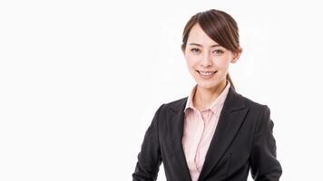 Ponytail female worker smiling on isolated white background photo