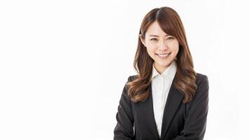 Woman on isolated white background giving a beautiful smile photo