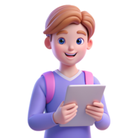 3D student boy avatar bring tablete icon png