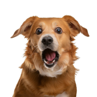 Studio portrait of funny and excited dog face shocked or surprised expression isolated on transparent background. Surprised dog with mouth open die cut style isolated. png