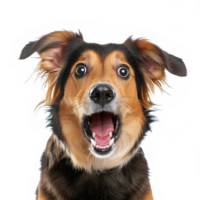 Studio portrait of funny and excited dog face shocked or surprised expression isolated on transparent background. Surprised dog with mouth open die cut style isolated. png