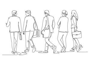 Single one line drawing back view of group urban male and female commuters walking every day on city road go to office. Urban commuter workers. Continuous line draw design graphic illustration vector