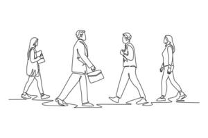 Single continuous line drawing group urban commuters walking pass over and over again on city street go to the office. Urban commuter workers. Dynamic one line draw graphic design illustration vector