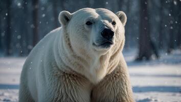 Christmas polar bear in the winter landscape Polar bear santa Magical christmas scenery. photo