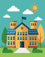 A college dormitory utilizing solar energy to power its security cameras and protect students living on campus.. illustration. vector