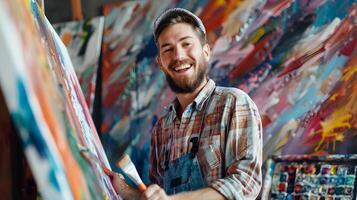 Joyful Young Painter Immersed in Creative Process at Vibrant Art Studio photo