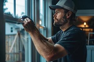 A man in a hard hat is painting a window photo