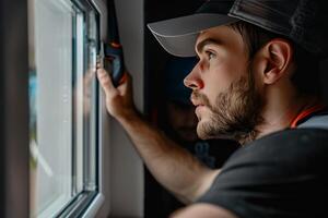 A man in a hard hat is painting a window photo