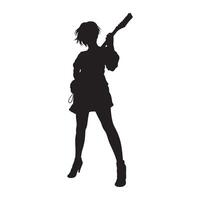 A female guitarist musician in detailed silhouette playing her guitar musical instrument. vector