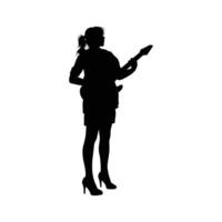 A female guitarist musician in detailed silhouette playing her guitar musical instrument. vector