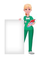 Beautiful woman doctor standing near blank banner vector