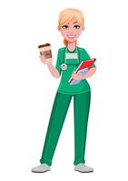 Beautiful woman doctor while coffee break vector