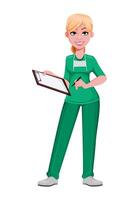 Beautiful woman doctor holding blank clipboard vector