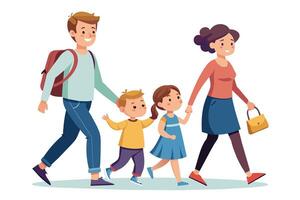 A family of four walks outdoors during the day. Mom carries a purse, dad has a backpack, and the kids walk beside them, all smiling. vector